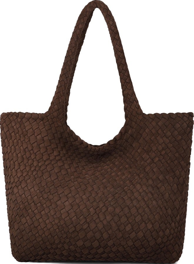Queenoris Woven Bag for Women, Fashion Top Handle Shoulder Handbag Vegan Leather Shopper Purses Large Travel Tote Bag, Coffee-suede - Image 1