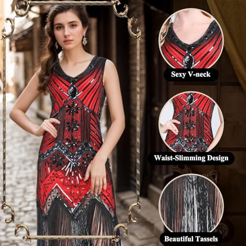 FEPITO 1920s Flapper Dresses for Women, Fringed Sequin Great Gatsby Dress for Women with 20s Accessories, Roaring 20s Costumes - Image 4