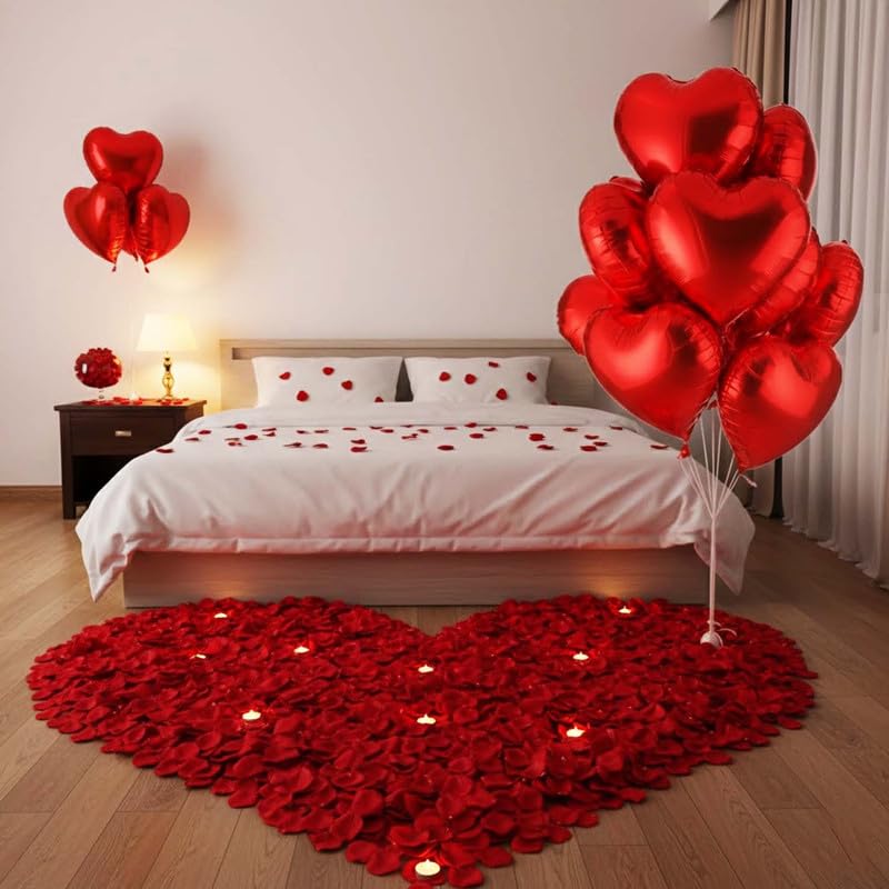 Go Hooked Valentine’s Day Décor Set with 2000 Artificial Rose Petals & 5 Pcs Heart Foil Baloon | Perfect for Proposals, Anniversaries, Candlelight Dinners, Gifting, Husband, Wife - Image 1