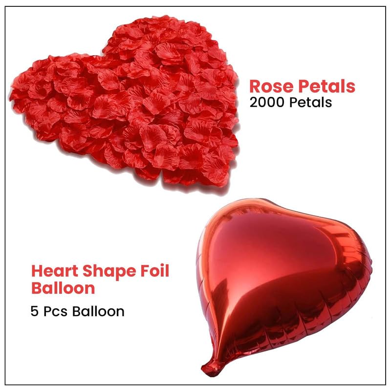 Go Hooked Valentine’s Day Décor Set with 2000 Artificial Rose Petals & 5 Pcs Heart Foil Baloon | Perfect for Proposals, Anniversaries, Candlelight Dinners, Gifting, Husband, Wife - Image 2