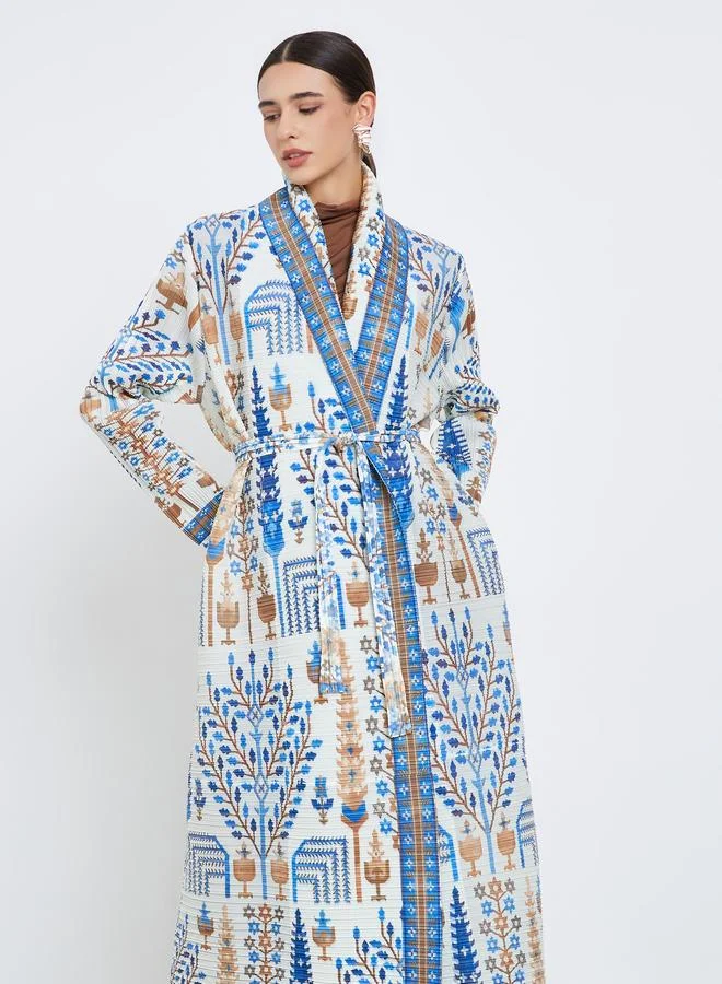 تايك تو عباية محبوكة بكسرات بطبعة كاملة وأكمام طويلة