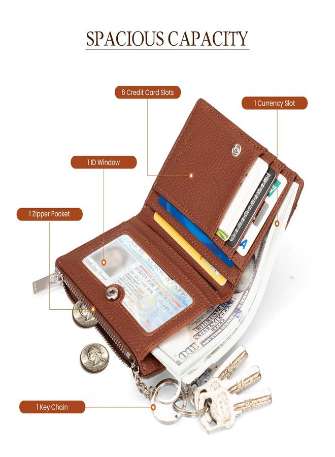 befen Genuine Leather Small RFID Blocking Bifold Wallet for Women with Zipper Coin Pocket Key Chain Wallet Purse - Brown - Image 3