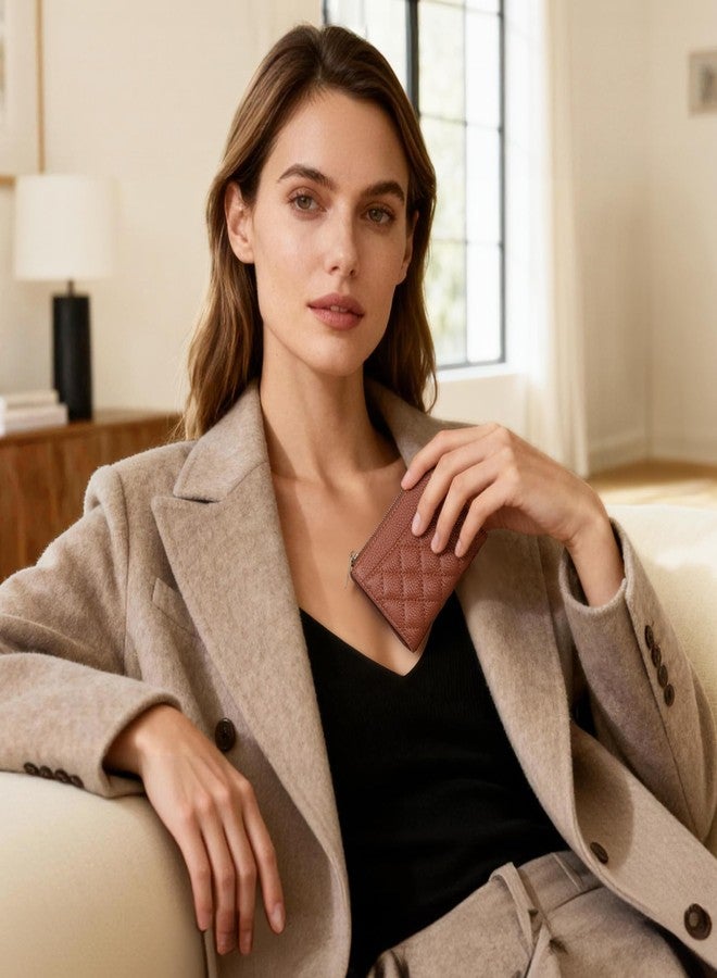 befen Genuine Leather Small RFID Blocking Bifold Wallet for Women with Zipper Coin Pocket Key Chain Wallet Purse - Brown - Image 2