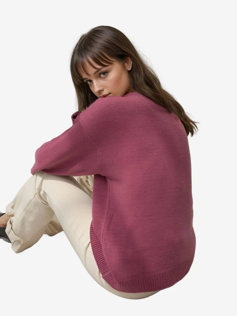 HICCUP Mauve Purple Thick Knit V-neck Sweater for Women | Best Price UAE
