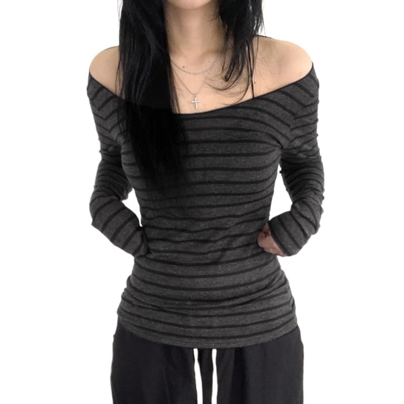 POHADON Womens Long Sleeve Grunge Aesthetic Shirts Striped Off Shoulder Tops Teen Girls Alt Emo Goth Streetwear Y2k Clothes (Dark Grey,M) - Image 1