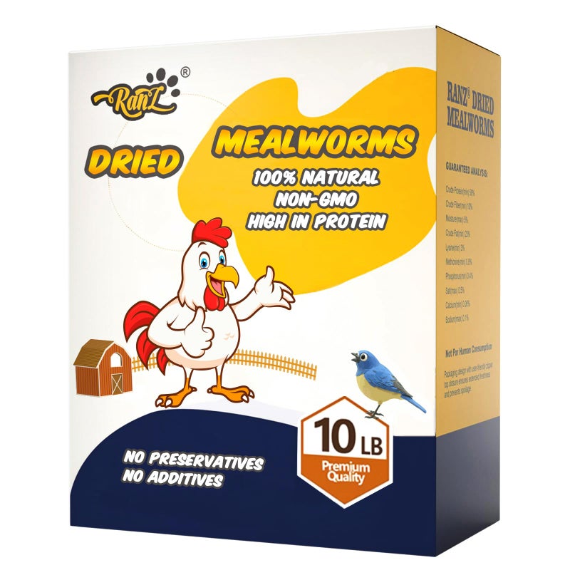 RANZ 10LBS Non-GMO Dried Mealworms for Chickens, High Protein Meal Worms, Premium Chicken Feed, Perfect Bird Food and Chicken Treats, Whole Large Mealworms for Wild Birds, Ducks, Fish - Image 1