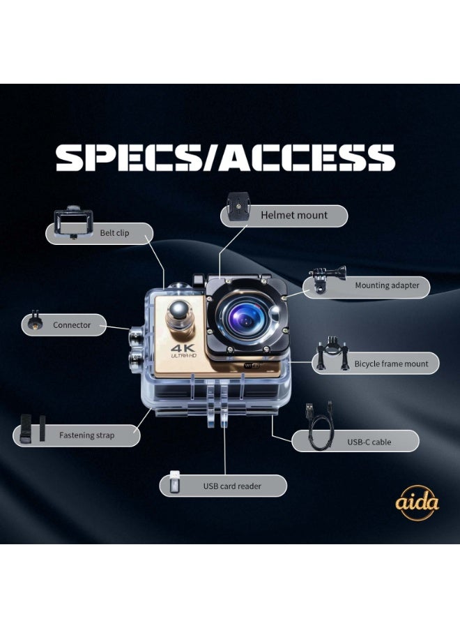 عام كاميرا خوذة، كاميرا مدمجة، كاميرا بانورامية 360 درجة، كاميرا حركة 4K، كاميرا حركة 1080P (مع غلاف مقاوم للماء)، كاميرا خارجية صغيرة ذكية عالية الدقة مقاومة للماء (ذهبية مع بطاقة ذاكرة 32 جيجابايت). - Image 3