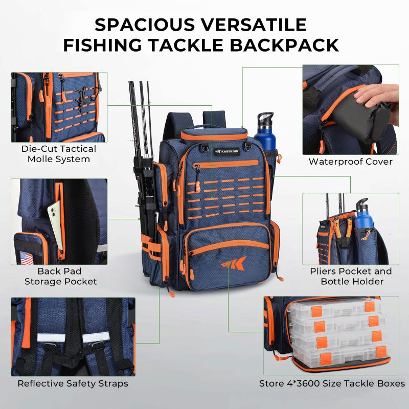 KastKing Bait Boss Fishing Tackle Backpack with Rod Holders-4 Tackle Boxes-Rain Cover,43L Large Storage for Fishing Gear, Orange - Image 3