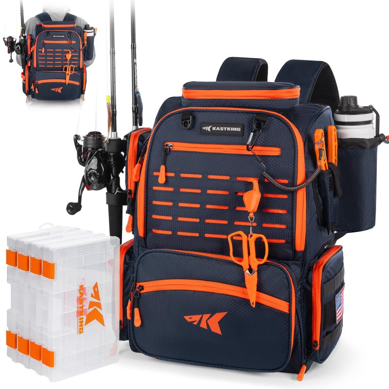 KastKing Bait Boss Fishing Tackle Backpack with Rod Holders-4 Tackle Boxes-Rain Cover,43L Large Storage for Fishing Gear, Orange - Image 1