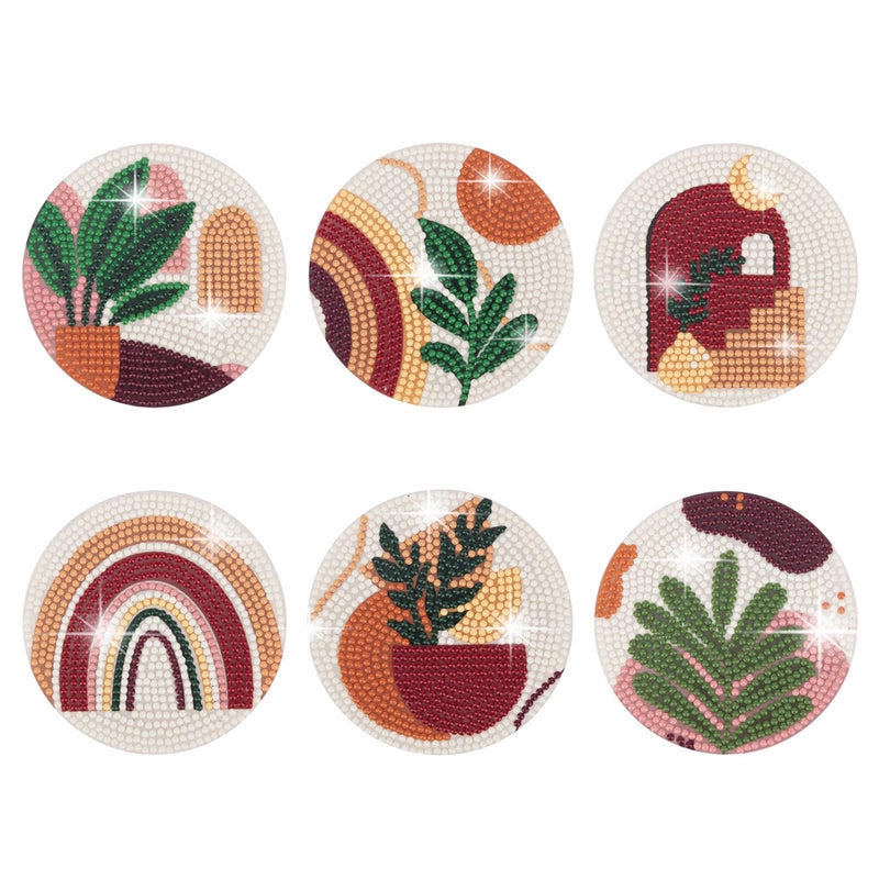 Temlum 6 Pcs Diamond Painting Coasters Kit, Abstract Plant Diamond Art Coasters for Beginners, Adults Small Diamond Painting Kit Art Craft Supplies - Image 1