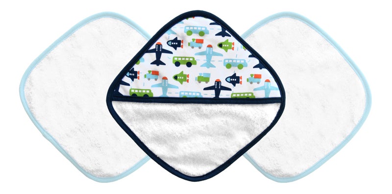 JJ Cole Washcloth and Bath Mitt Set, White Vroom, 3 Count - Image 1