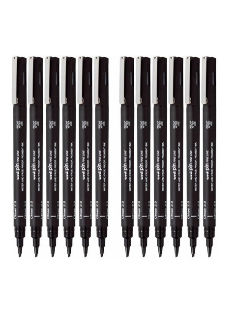 12-Piece Unipin Chisel Tip Drawing Pen 2.0mm Tip Black Ink
