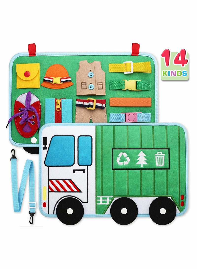 Excefore Toddler Busy Board 14 in 1 Activity Board, Montessori Sensory Toy for Fine Motor Skills, Learning Toy for Airplane or Car Travel, Preschool Educational Gift for Kids, Garbage Car Style - Image 1