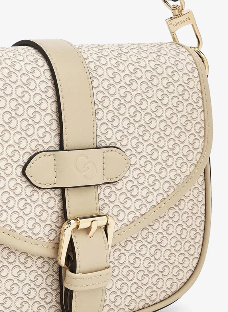 Celeste BEIGE Monogram Print Crossbody Bag with Button Closure for Women | Best Price UAE