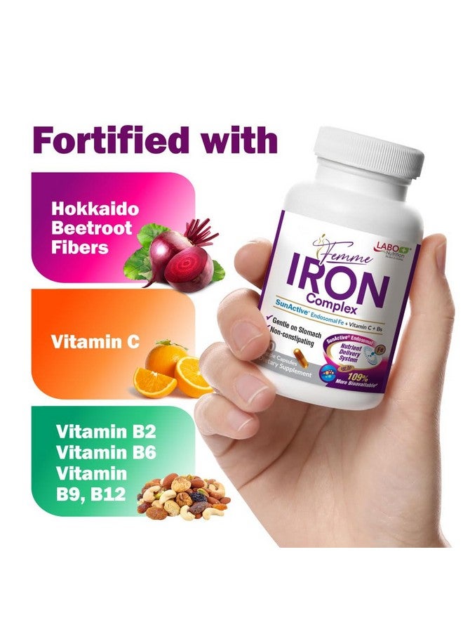 LABO Nutrition Femme Iron Endosomal SunActive, Non-Irritating 15mg Iron Supplement for Blood Builder, Vegan, Gentle, No Metallic Aftertaste, Non Constipating, Ideal for Sensitive Stomachs, 90 Count - Image 4