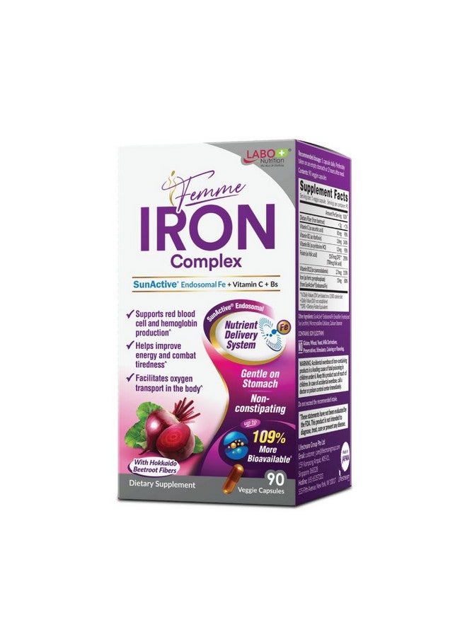 LABO Nutrition Femme Iron Endosomal SunActive, Non-Irritating 15mg Iron Supplement for Blood Builder, Vegan, Gentle, No Metallic Aftertaste, Non Constipating, Ideal for Sensitive Stomachs, 90 Count - Image 1
