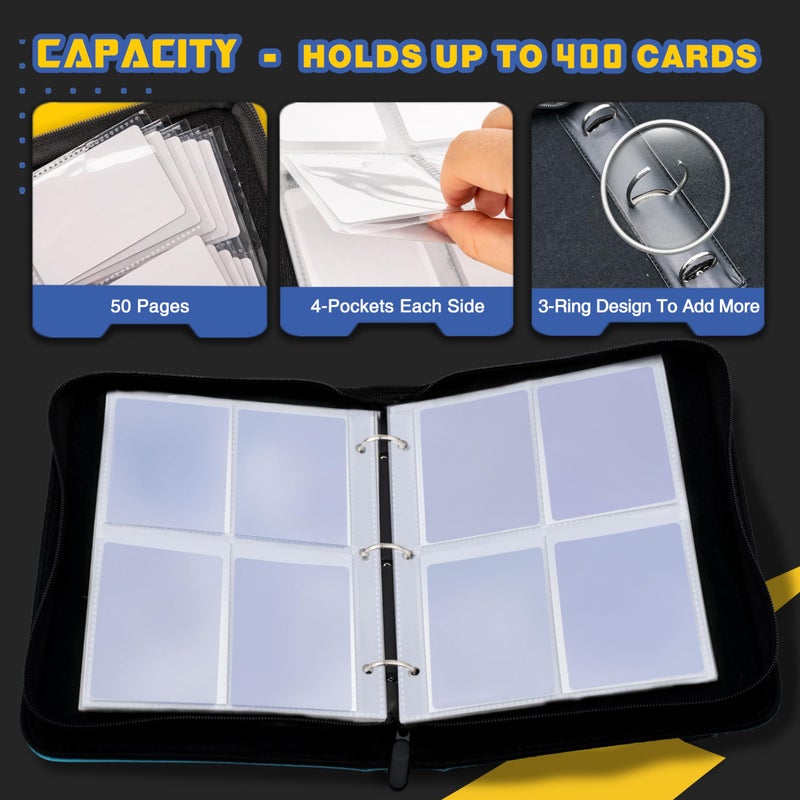 CLOVERCAT Card Binder  4Pocket Trading Card Album  400Pocket Double Sided Display Card Binder  Expandable  3-Ring Zipper Sports Book is Gifts for Boys and Girls  for YuGiOh  MTG  TCG  Game Card & Sports Card  - Image 3