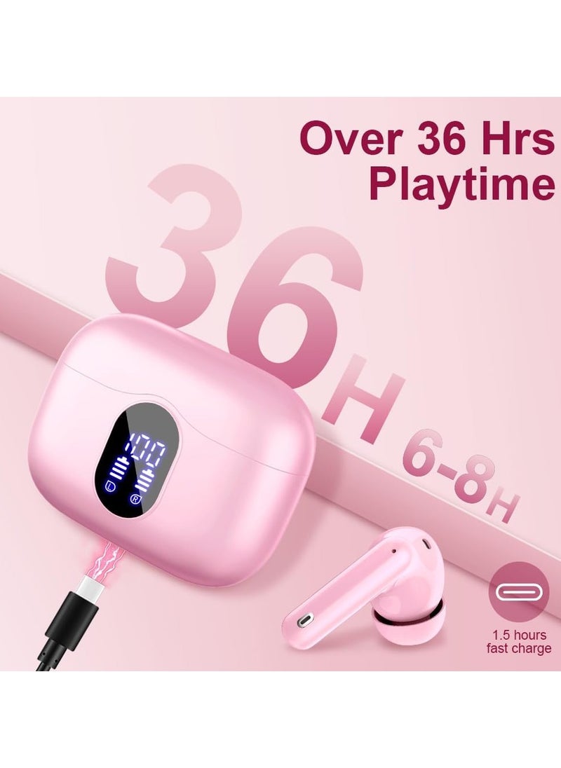 lekikpo Wireless Earbuds Bluetooth 5.3 Headphones Bass Stereo Ear Buds with Noise Cancelling Mic LED Display in Ear Earphones IP7 Waterproof 36H Playtime for Laptop Pad Phones Sports Workout Pink  - Image 2