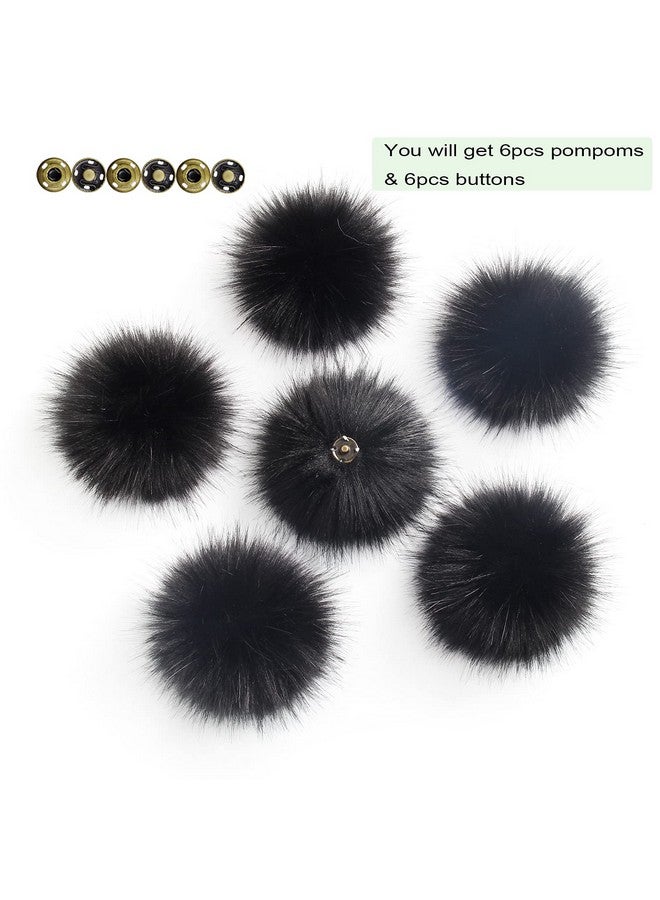 LFOUVRE Pack Of 6 Detachable Faux Fox Fur Pom Poms For Hats With Snap 4.3Inch/11Cm Diy Handmade Accessories (Black) - Image 1