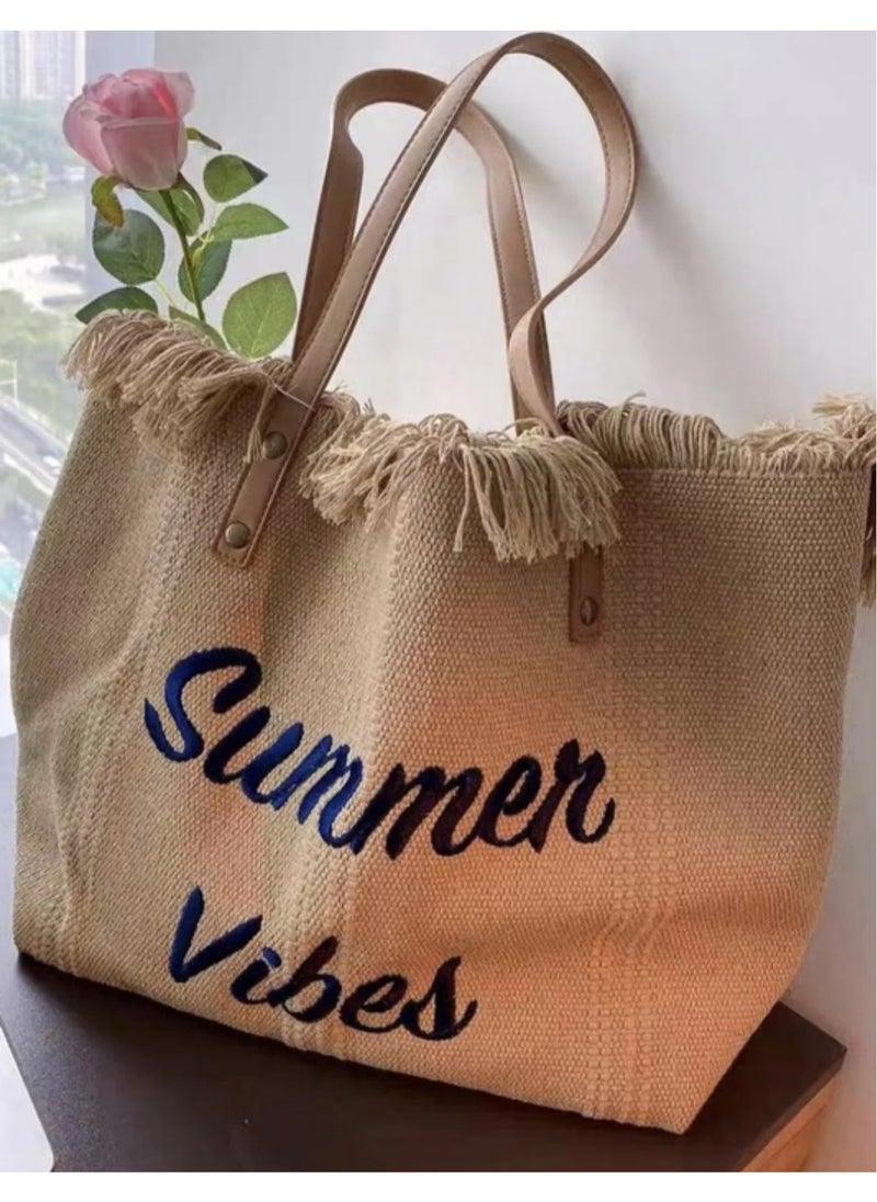 SamoDani - Summer Vibes Cotton Tote Bag for Women, Travel Beach Tassel Gift, Large Capacity - Image 1