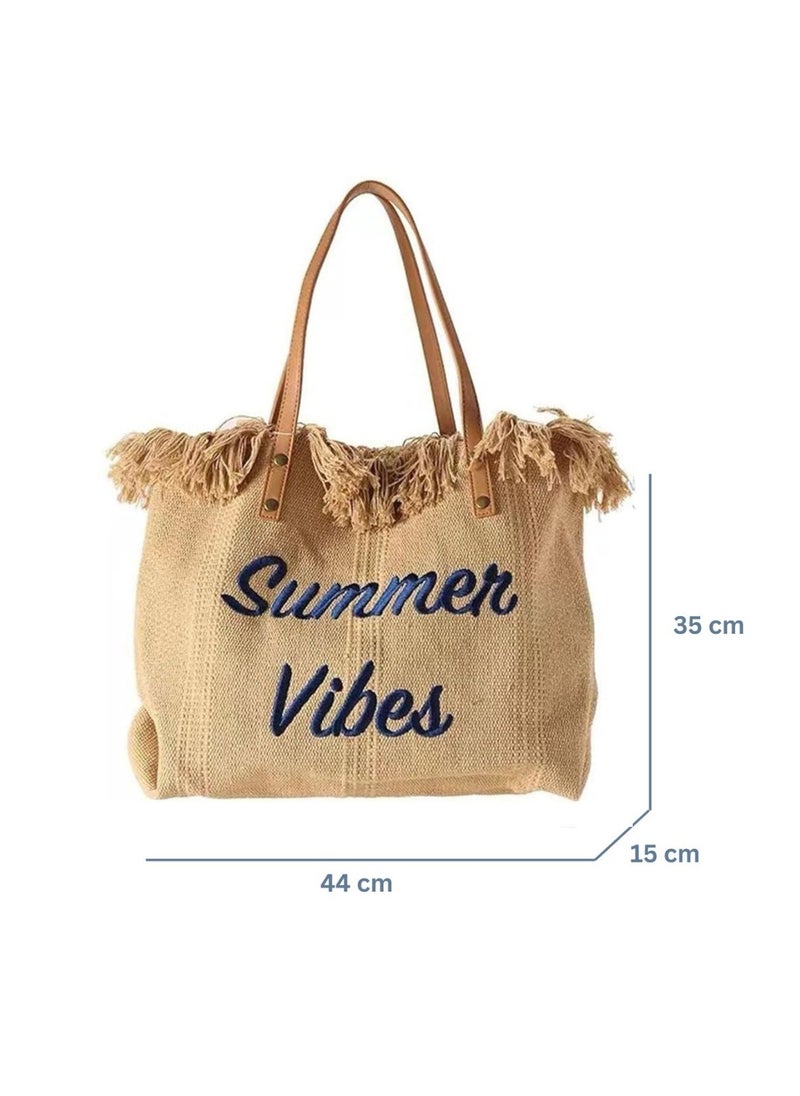 SamoDani - Summer Vibes Cotton Tote Bag for Women, Travel Beach Tassel Gift, Large Capacity - Image 1