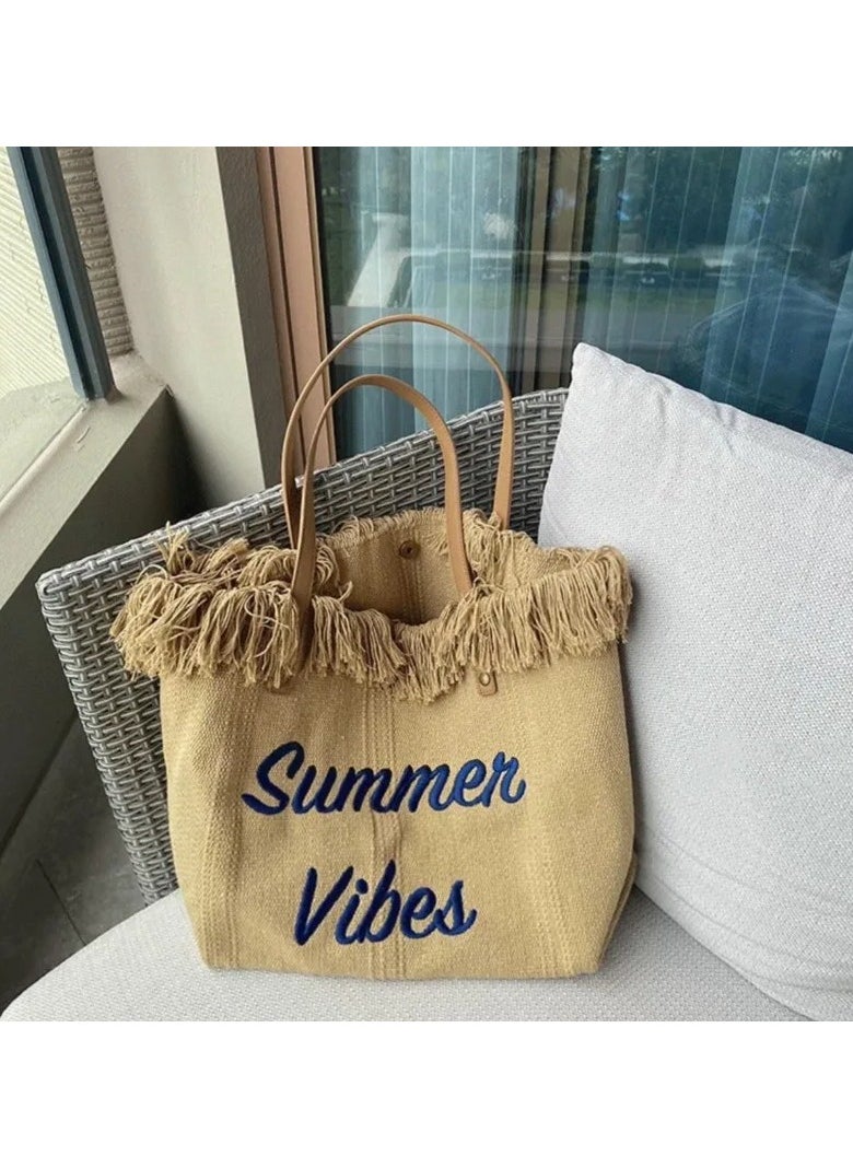 SamoDani - Summer Vibes Cotton Tote Bag for Women, Travel Beach Tassel Gift, Large Capacity - Image 1