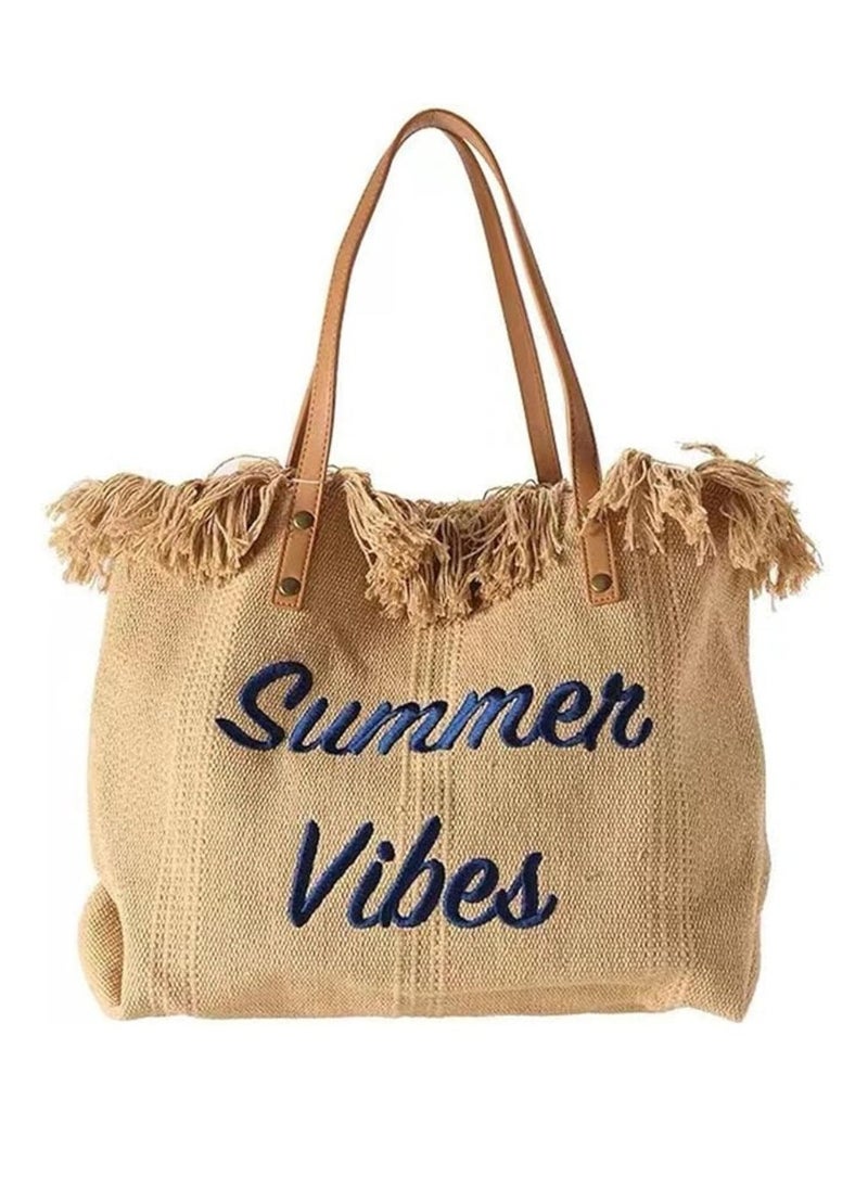 SamoDani - Summer Vibes Cotton Tote Bag for Women, Travel Beach Tassel Gift, Large Capacity - Image 1