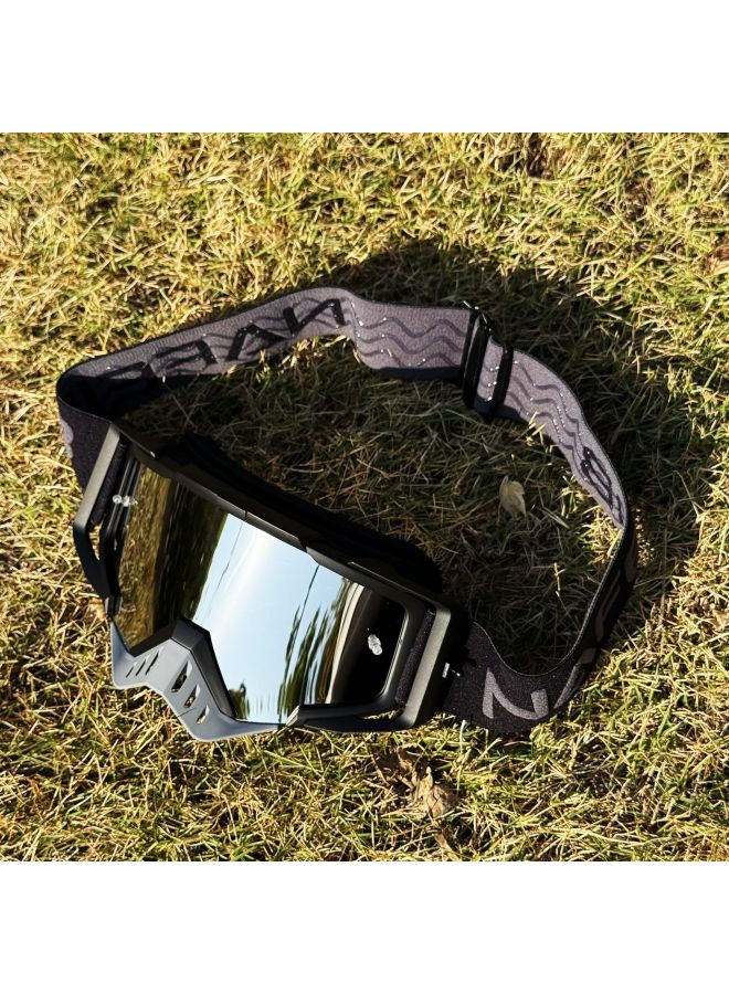 Off-Road Motorcycle Riding Goggles, Anti-UV Dust-Proof Windproof, Black and Gray Frame with Silver Lens