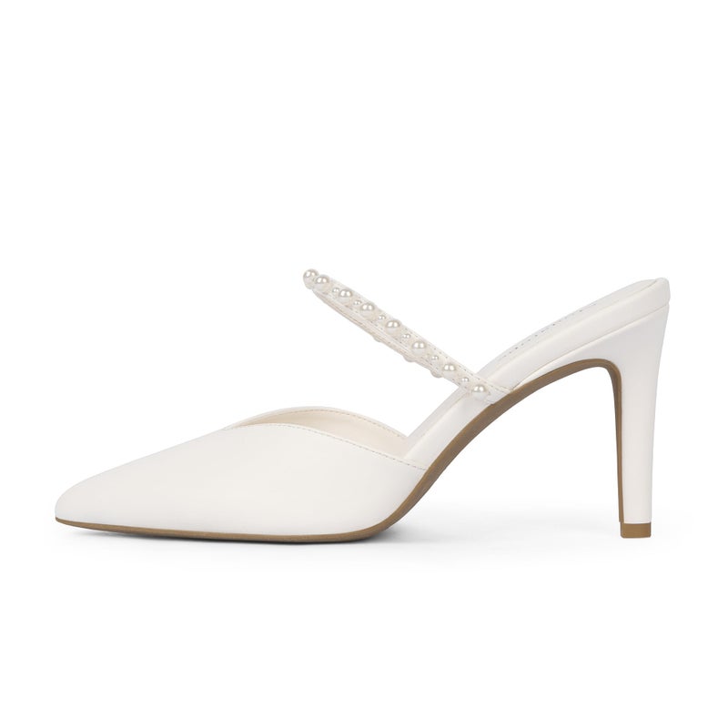 Modatope White Pearls Heels for Women Pointed Toe Ankle Strap Pumps Closed Toe Dressy Shoes Mules Heeled Dressy Party Shoes Women Size 8 - Image 4