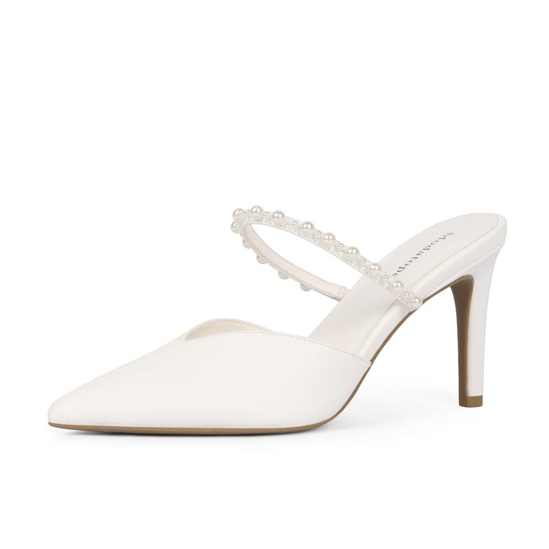 Modatope White Pearls Heels for Women Pointed Toe Ankle Strap Pumps Closed Toe Dressy Shoes Mules Heeled Dressy Party Shoes Women Size 8 - Image 1