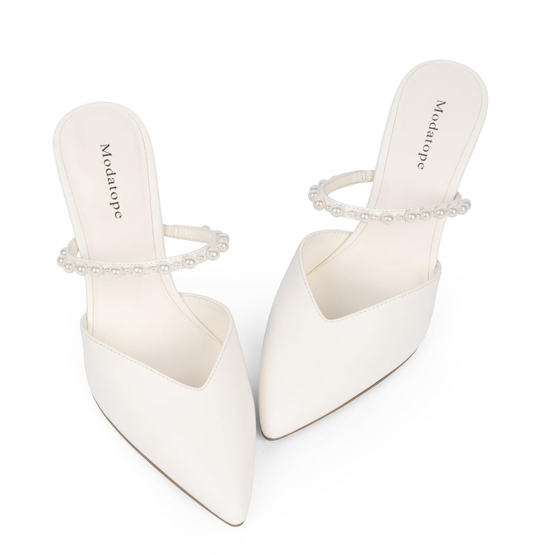 Modatope White Pearls Heels for Women Pointed Toe Ankle Strap Pumps Closed Toe Dressy Shoes Mules Heeled Dressy Party Shoes Women Size 8 - Image 5