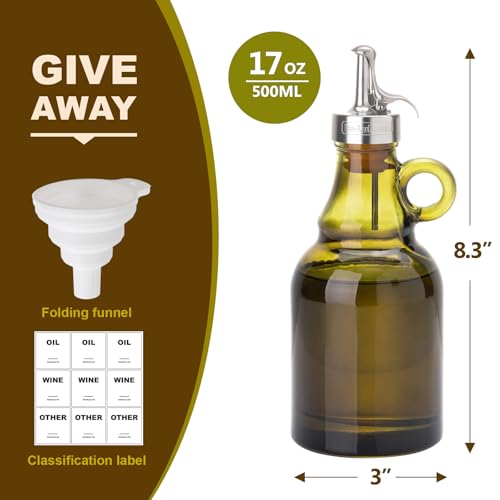 Lu-lupour 500ml Green Olive Oil Dispenser Bottle,17oz Glass Oil and Vinegar Cruet with Pourers and Funnel,Oil Bottles for Kitchen, Dispenser Bottle with Drip Free Spouts - Image 2