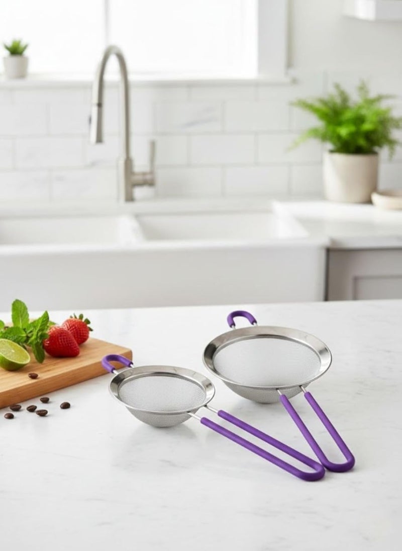 مصفاة شبكية دقيقة بمقبض سيليكون بنفسجي، مصنوعة من الفولاذ المقاوم للصدأ، مصفاة مطبخ متعددة الأغراض للشاي والقهوة والعصير والخبز (14 سم)