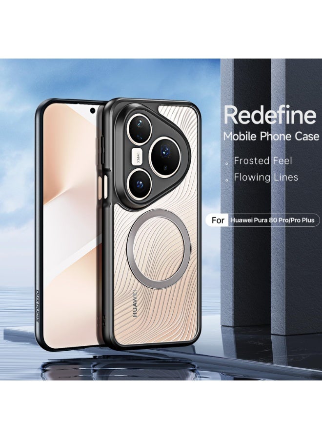 general Magnetic Case Compatible with Huawei Pura 80 Pro/Pro+, Flowing Lines Matte Frosted Clear Back Cover Anti-Fingerprint Anti-Drop PC+TPU Shockproof Protective Cover - Image 3
