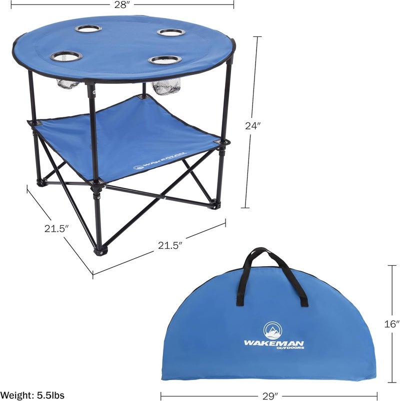 Wakeman Camp Table - Round 2-Tier Folding Table with 4 Cupholders and Carrying Bag - for Camping, Beach, Picnic, Sporting Events, and More Outdoors,Blue - Image 2