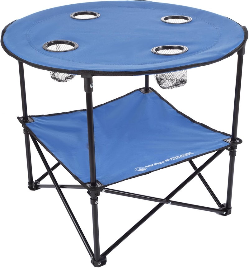 Wakeman Camp Table - Round 2-Tier Folding Table with 4 Cupholders and Carrying Bag - for Camping, Beach, Picnic, Sporting Events, and More Outdoors,Blue - Image 1