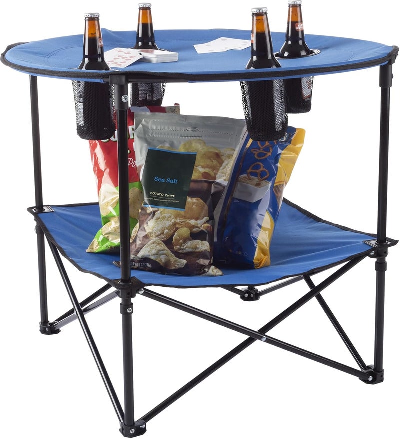 Wakeman Camp Table - Round 2-Tier Folding Table with 4 Cupholders and Carrying Bag - for Camping, Beach, Picnic, Sporting Events, and More Outdoors,Blue - Image 5