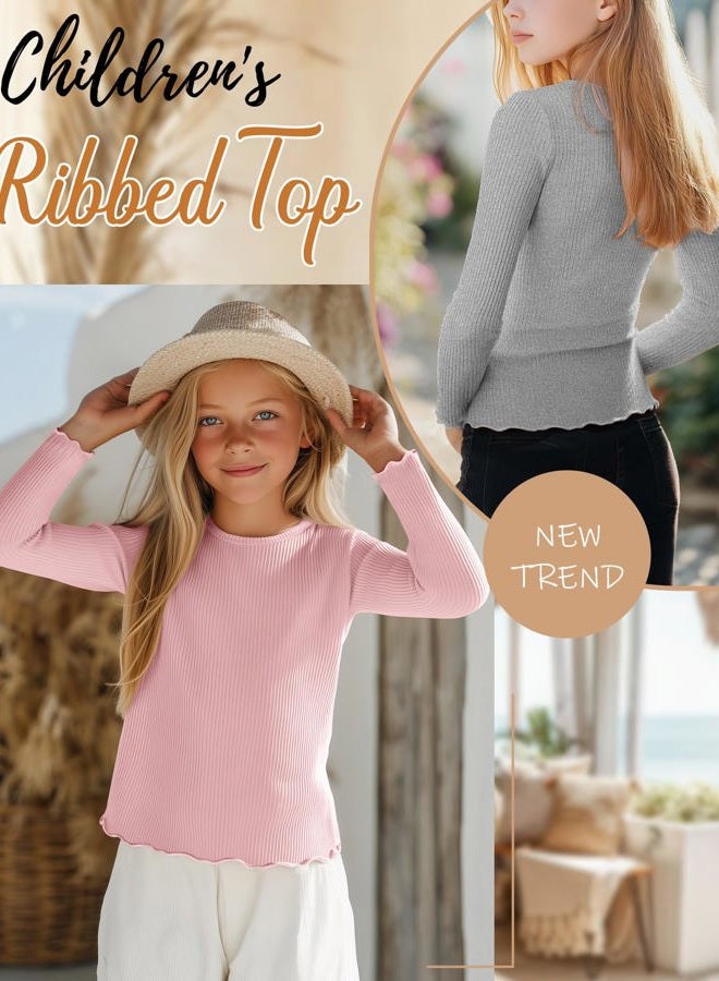 LessonZoo 3 Pack Girls' Long Sleeve Tops Crewneck Cotton Ribbed Tees Shirt with Flower Edge Cute Undershirt Base Layering, Light Pink, Gray, Light Green, 7-8 Years - Image 3