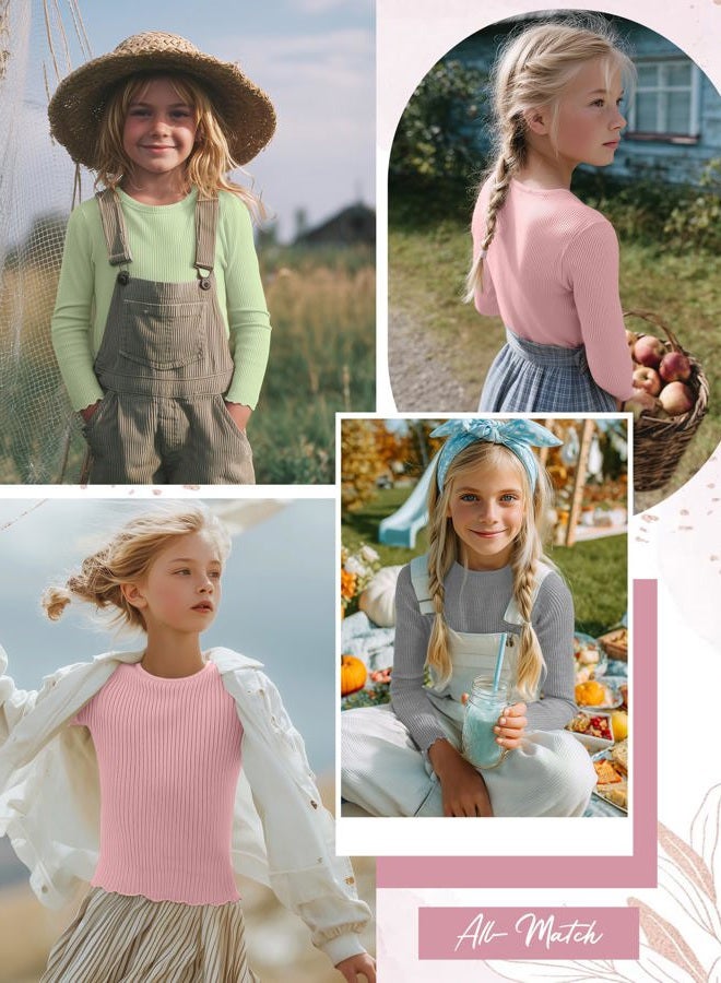 LessonZoo 3 Pack Girls' Long Sleeve Tops Crewneck Cotton Ribbed Tees Shirt with Flower Edge Cute Undershirt Base Layering, Light Pink, Gray, Light Green, 7-8 Years - Image 2