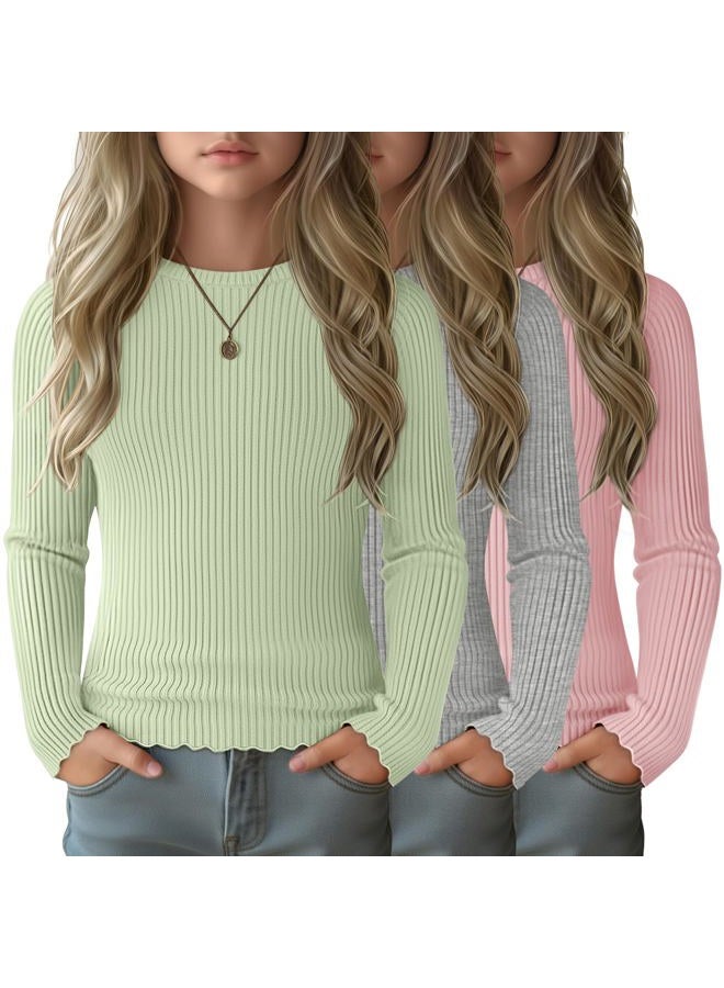 LessonZoo 3 Pack Girls' Long Sleeve Tops Crewneck Cotton Ribbed Tees Shirt with Flower Edge Cute Undershirt Base Layering, Light Pink, Gray, Light Green, 7-8 Years - Image 1