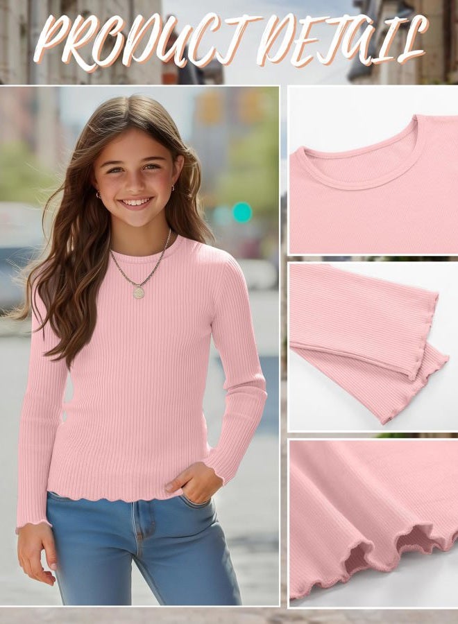 LessonZoo 3 Pack Girls' Long Sleeve Tops Crewneck Cotton Ribbed Tees Shirt with Flower Edge Cute Undershirt Base Layering, Light Pink, Gray, Light Green, 7-8 Years - Image 5
