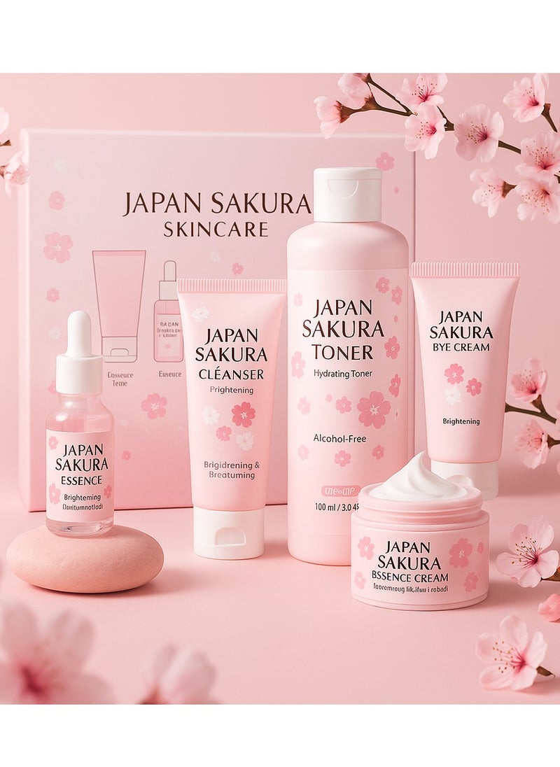 Japan - Japan Sakura 5-Piece Skincare Set - Travel-Friendly Kit for Teens & Women | Cleanser + Toner + Serum + Eye Cream + Moisturizer - Image 1