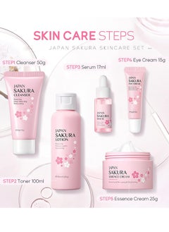 Japan Japan Sakura 5-Piece Skincare Set - Travel-Friendly Kit for Teens & Women | Cleanser + Toner + Serum + Eye Cream + Moisturizer  - Image 4