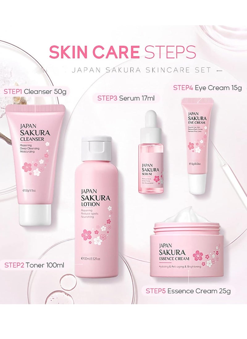 Japan - Japan Sakura 5-Piece Skincare Set - Travel-Friendly Kit for Teens & Women | Cleanser + Toner + Serum + Eye Cream + Moisturizer - Image 1