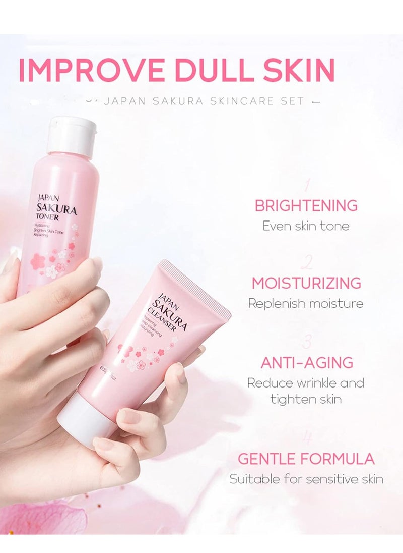 Japan - Japan Sakura 5-Piece Skincare Set - Travel-Friendly Kit for Teens & Women | Cleanser + Toner + Serum + Eye Cream + Moisturizer - Image 1