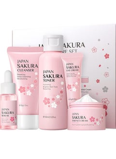 Japan Sakura 5-Piece Skincare Set - Travel-Friendly Kit for Teens & Women | Cleanser + Toner + Serum + Eye Cream + Moisturizer
