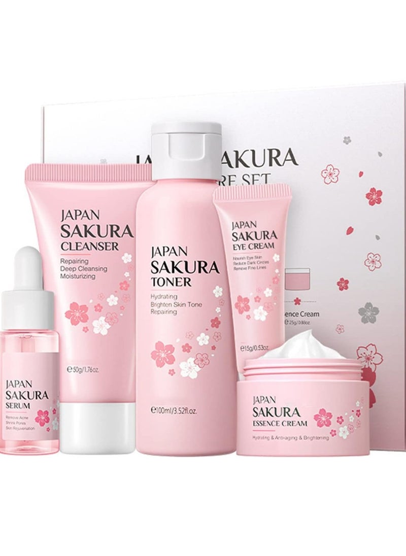 Japan - Japan Sakura 5-Piece Skincare Set - Travel-Friendly Kit for Teens & Women | Cleanser + Toner + Serum + Eye Cream + Moisturizer - Image 1