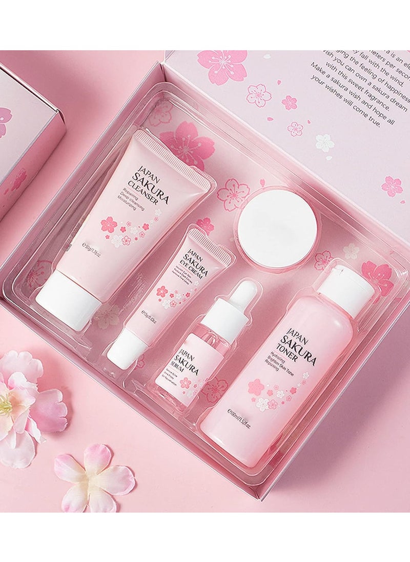 Japan - Japan Sakura 5-Piece Skincare Set - Travel-Friendly Kit for Teens & Women | Cleanser + Toner + Serum + Eye Cream + Moisturizer - Image 1