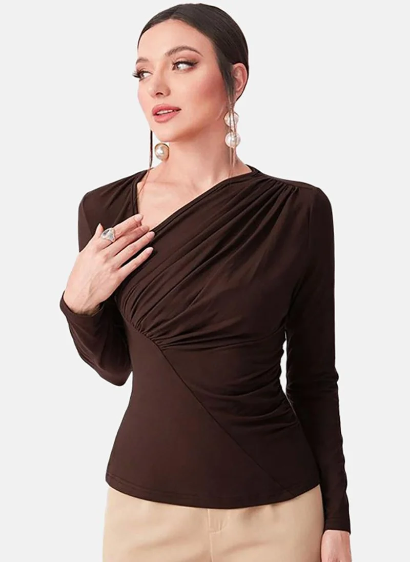 YUNIQEE Brown Solid Slim Fit Long Sleeve Top