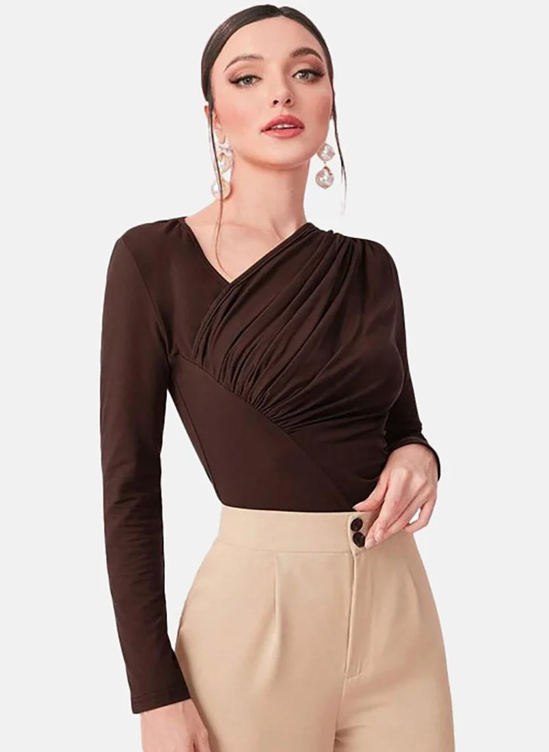 YUNIQEE Brown Solid Slim Fit Long Sleeve Top